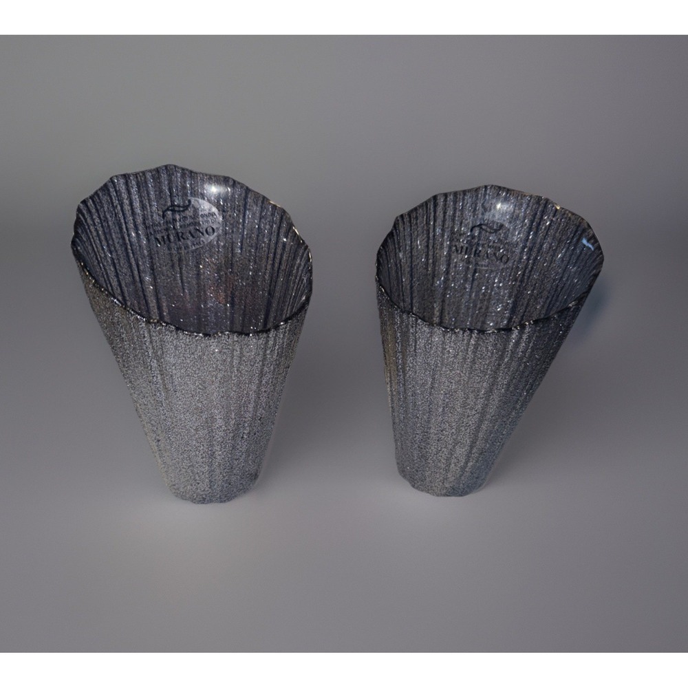 New 2 Jammaro Gunmetal Silver Glitter Glass Hand Made in Italy Asymmetrical Vase